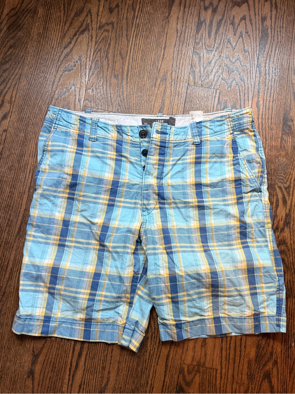 H&M Light Blue Plaid Shorts with Yellow and Navy Accents